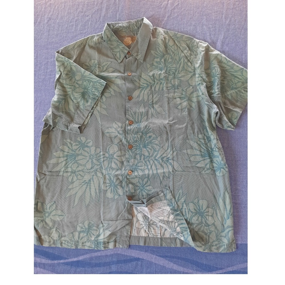 Caribbean Mens XL Silk Cotton All Over Tropical Floral Button Shirt Sage Green